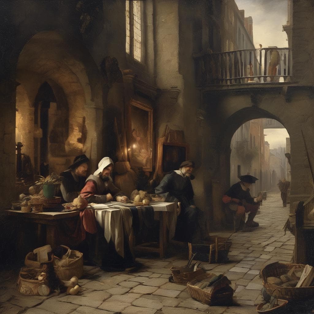 Λειτουργία τέχνης και ομορφιάς στο χρόνο σε μια ιστορική σκηνή με ζωγράφους και περαστικούς.