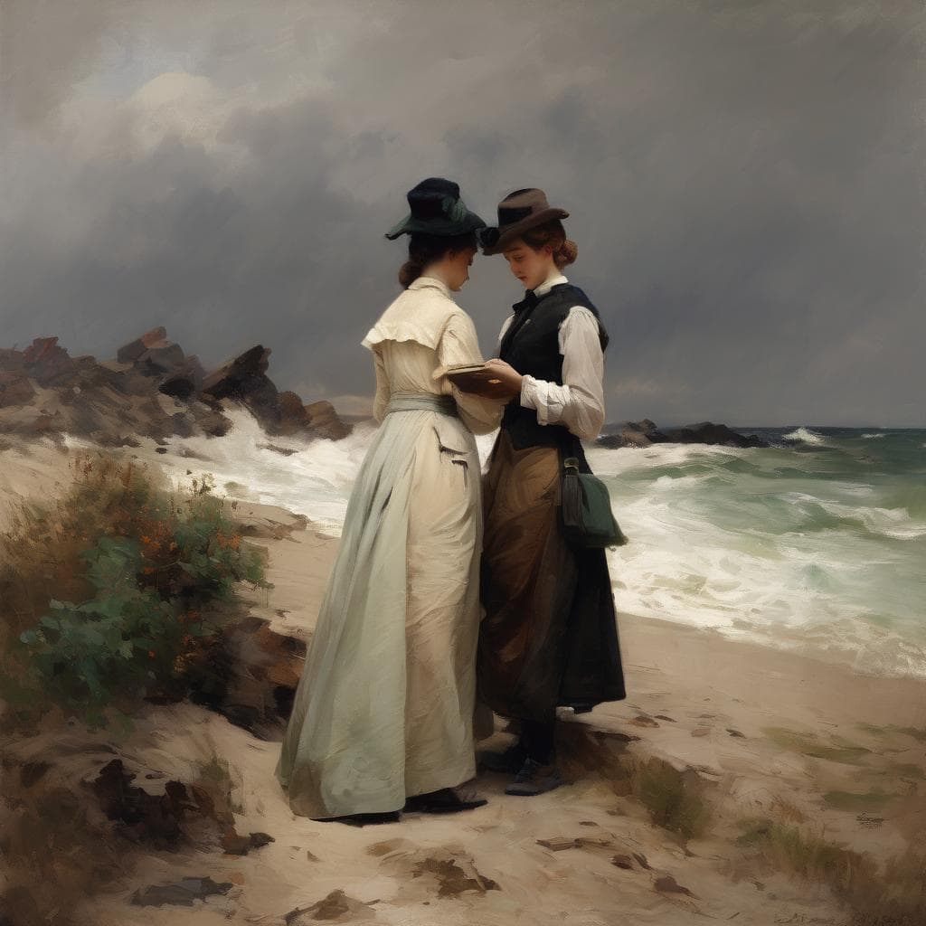 Ρομαντικό ζευγάρι γυναίκες στην παραλία με ιστορικό στυλ, τέχνη και ομορφιά στο χρόνο.