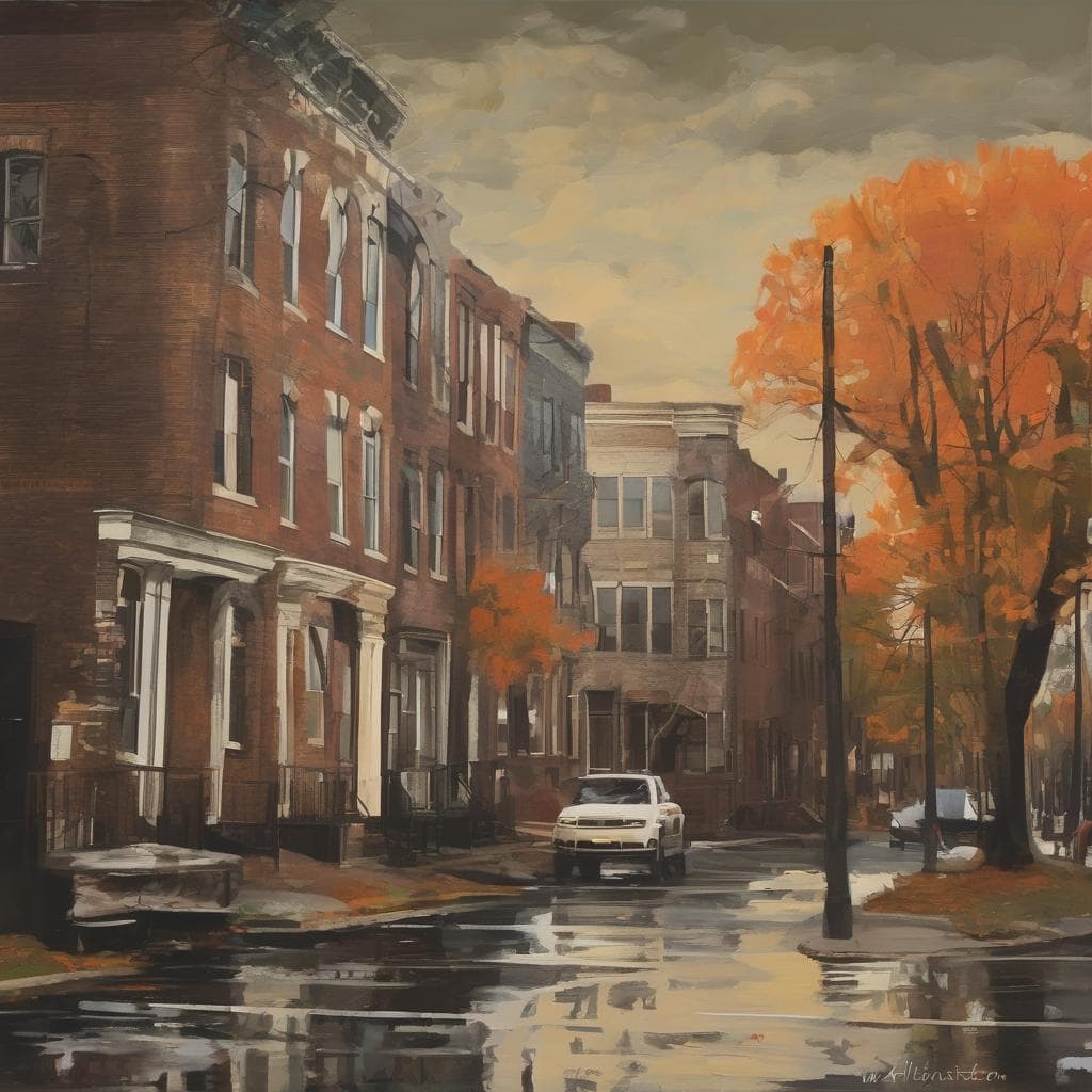 Παραδοσιακές αστικές κατοικίες με ελαιογραφικό στυλ και χρωματιστά δέντρα σε μια ηλιόλουστη πόλη.