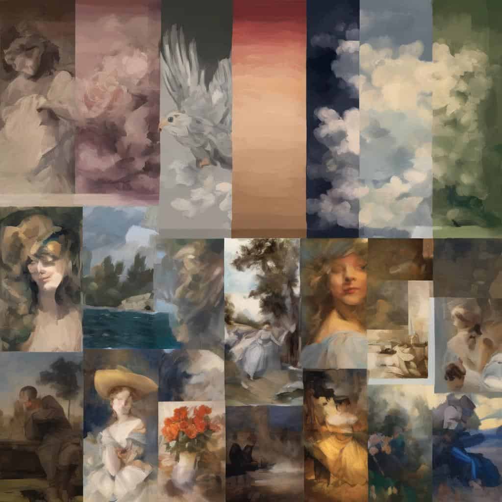 Λιβάδι με σύννεφα και γλάρο σε ανοιχτό ουρανό, τέχνη και ομορφιά στο χρόνο, ρομαντικά τοπία και όμορφες μορφές.