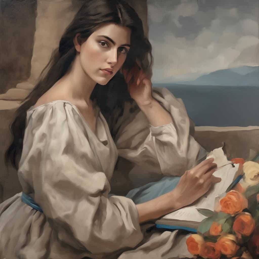 Αγία γυναίκα με βιβλίο και λουλούδια, τέχνη και ομορφιά στο χρόνο, ρεαλιστικός πίνακας.